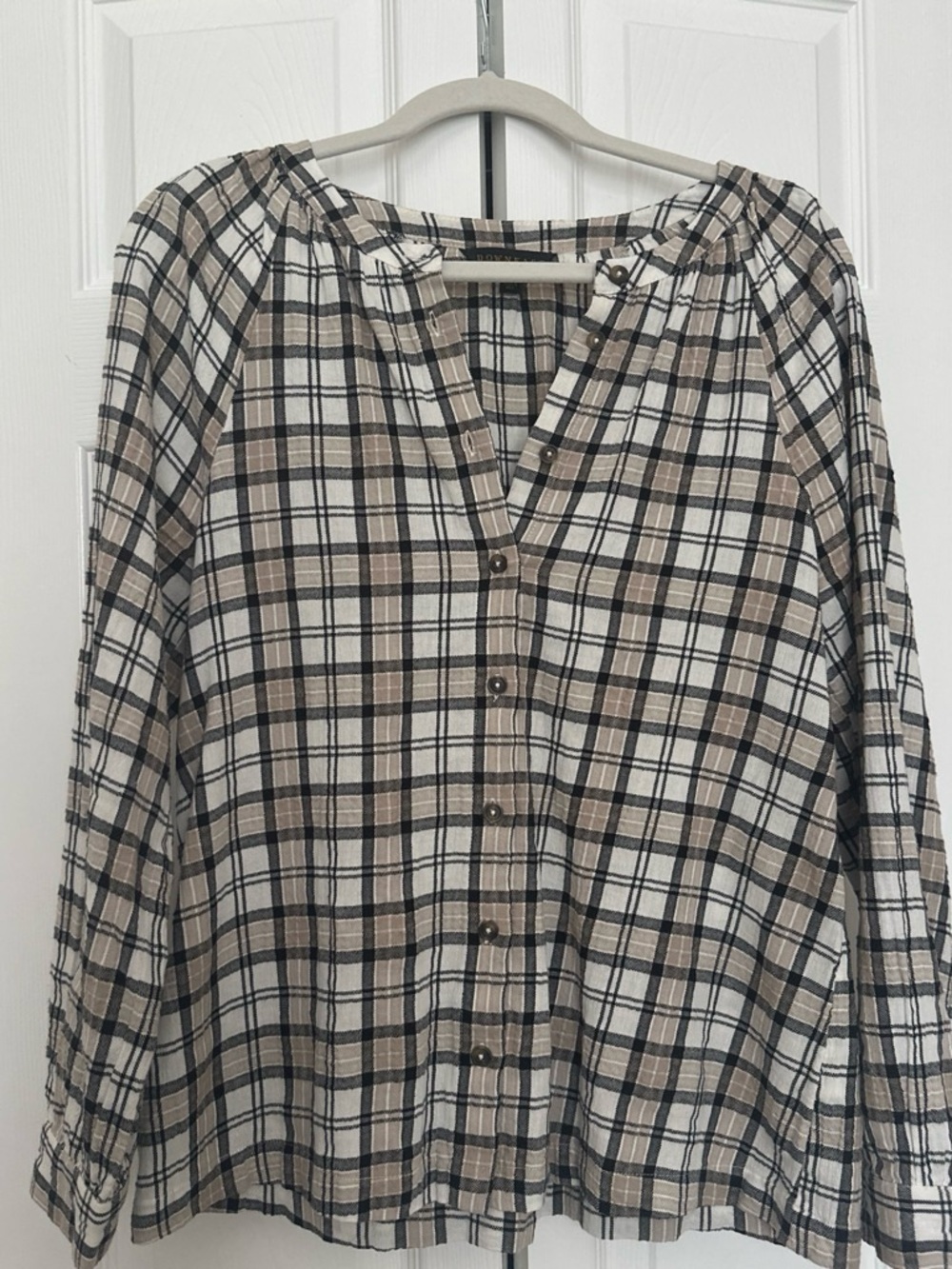 DownEast Plaid Button-Front Shirt in Beige, Black, and White